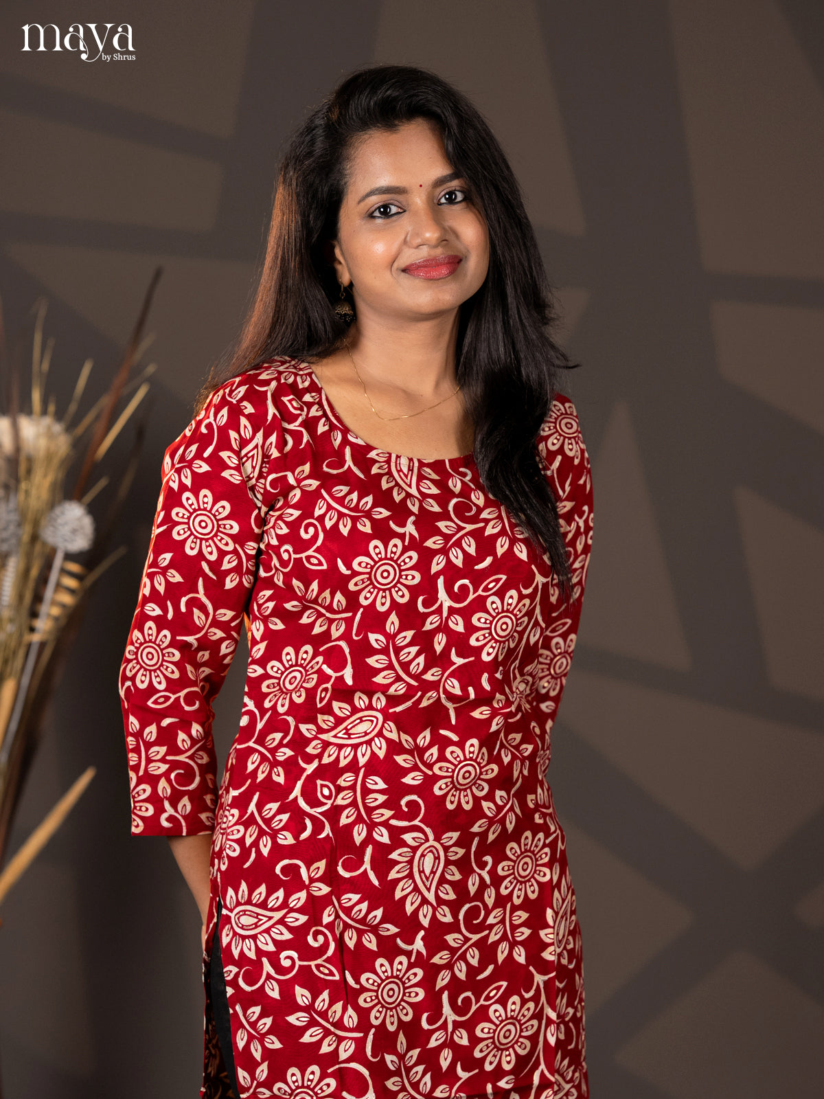 Maroon Floral Printed Rayon Straight Kurti - Shop on Shrus.com