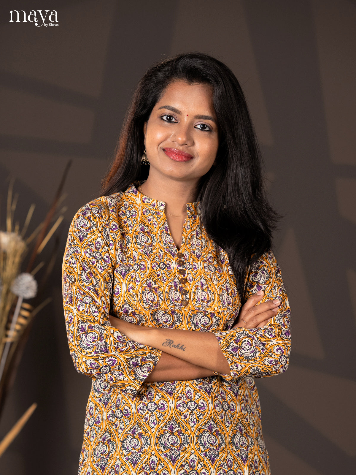 Mustard yellow with purple Kalamkari Handblock Printed Straight Short Kurta - Shop on Shrus.com