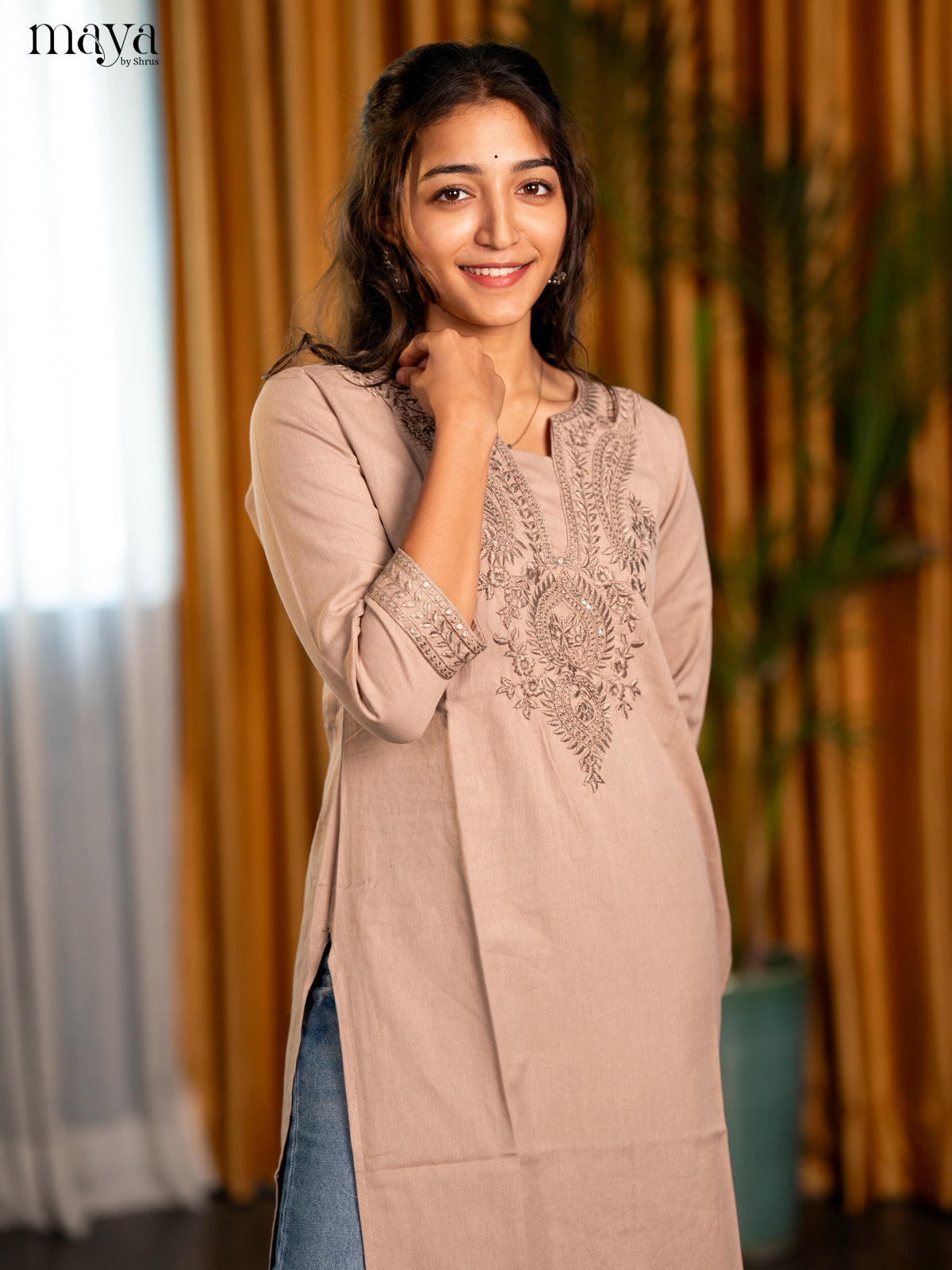 Beige Embroidered Cotton Straight Kurti - Shop on Shrus.com