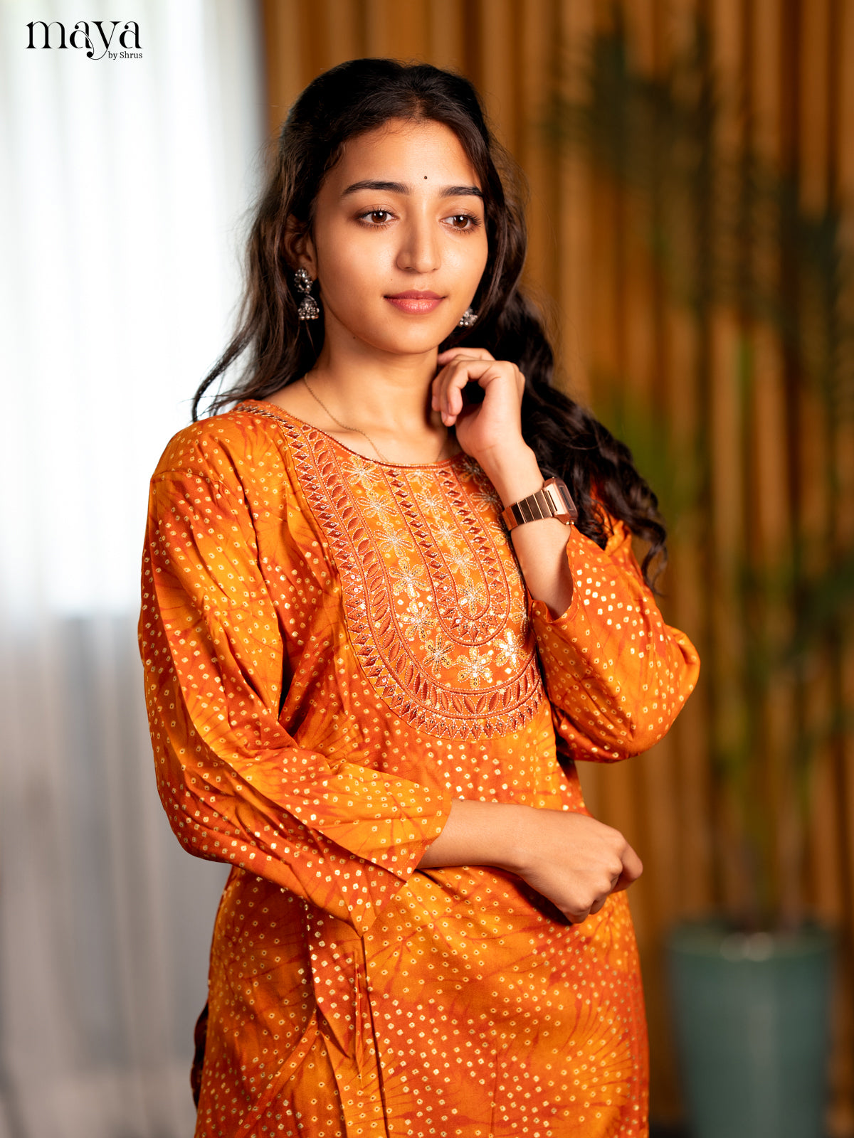 Mustrad with Orange Bandhani Printed Rayon Straight Kurti - Shop on Shrus.com