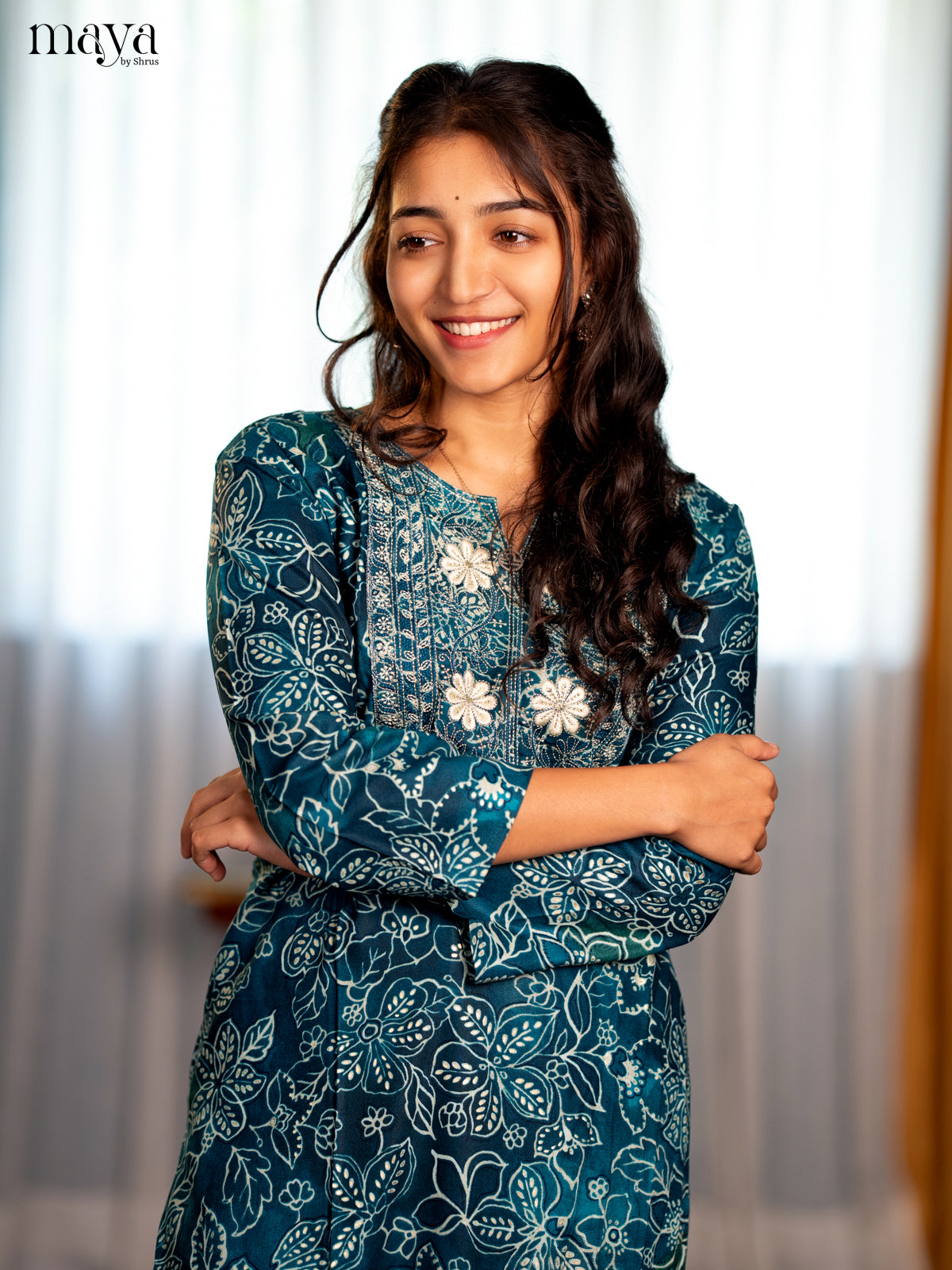 Peacock Green Floral printed with Embroidered Rayon Straight Kurti - Shop on Shrus.com