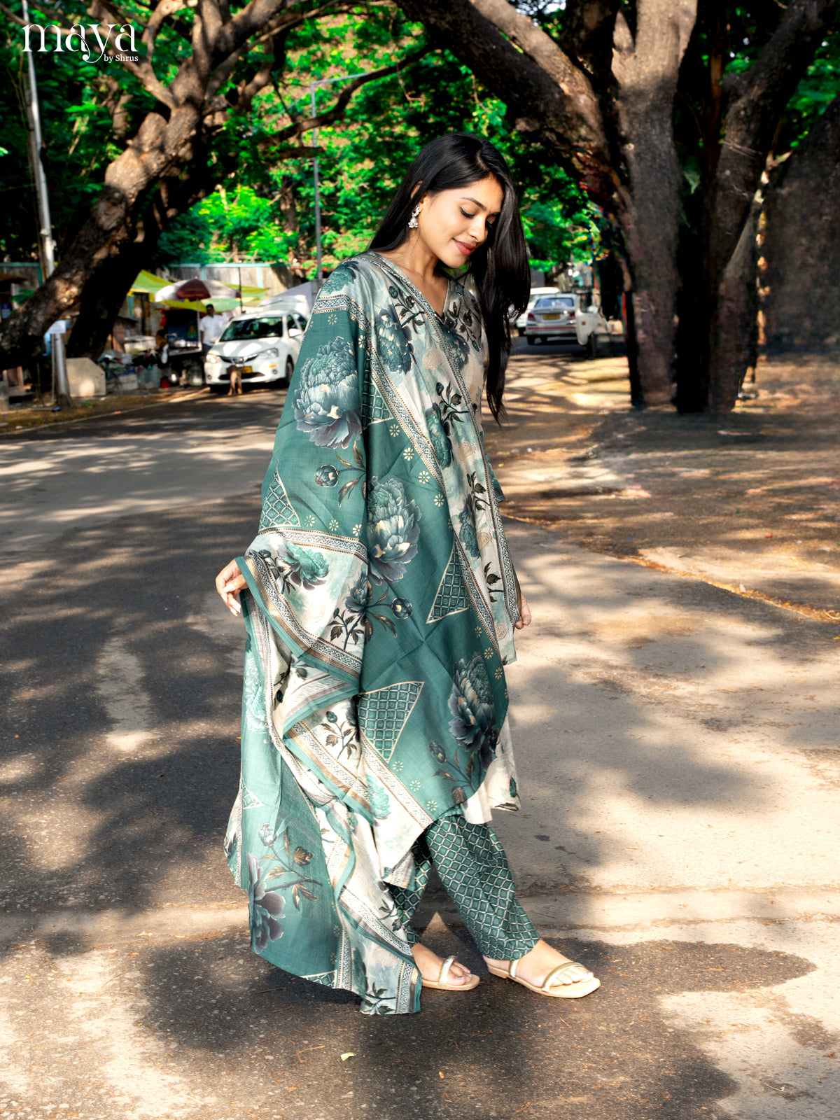 Pastel Green with Bottle Green Rayon 3pc Salwar Suit with Floral Print - Top,Bottom & Dupatta - Shop on Shrus.com