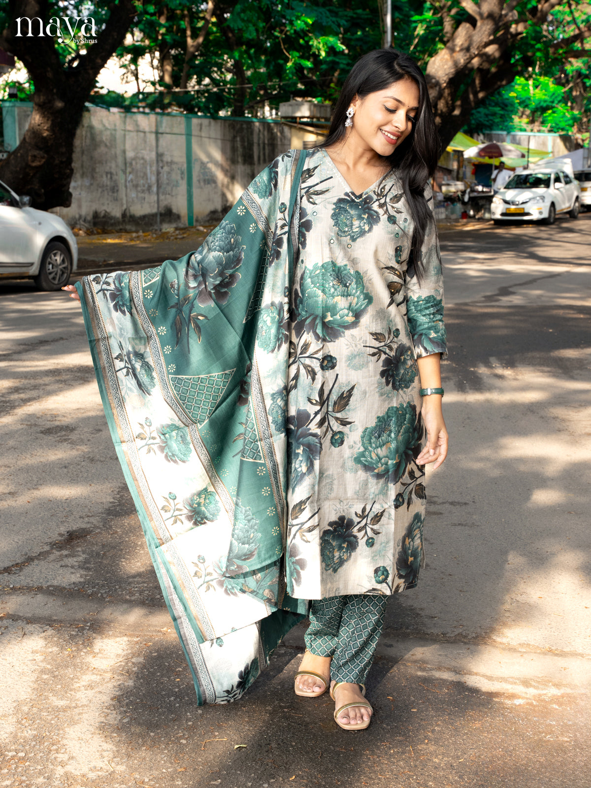 Pastel Green with Bottle Green Rayon 3pc Salwar Suit with Floral Print - Top,Bottom & Dupatta - Shop on Shrus.com