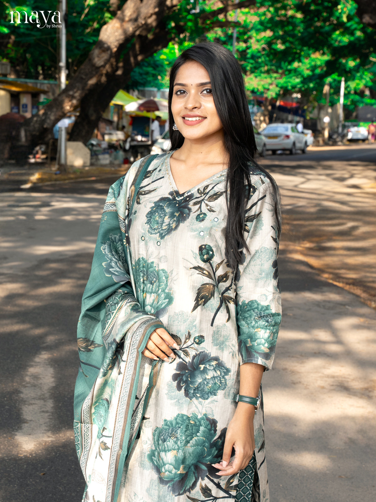 Pastel Green with Bottle Green Rayon 3pc Salwar Suit with Floral Print - Top,Bottom & Dupatta - Shop on Shrus.com