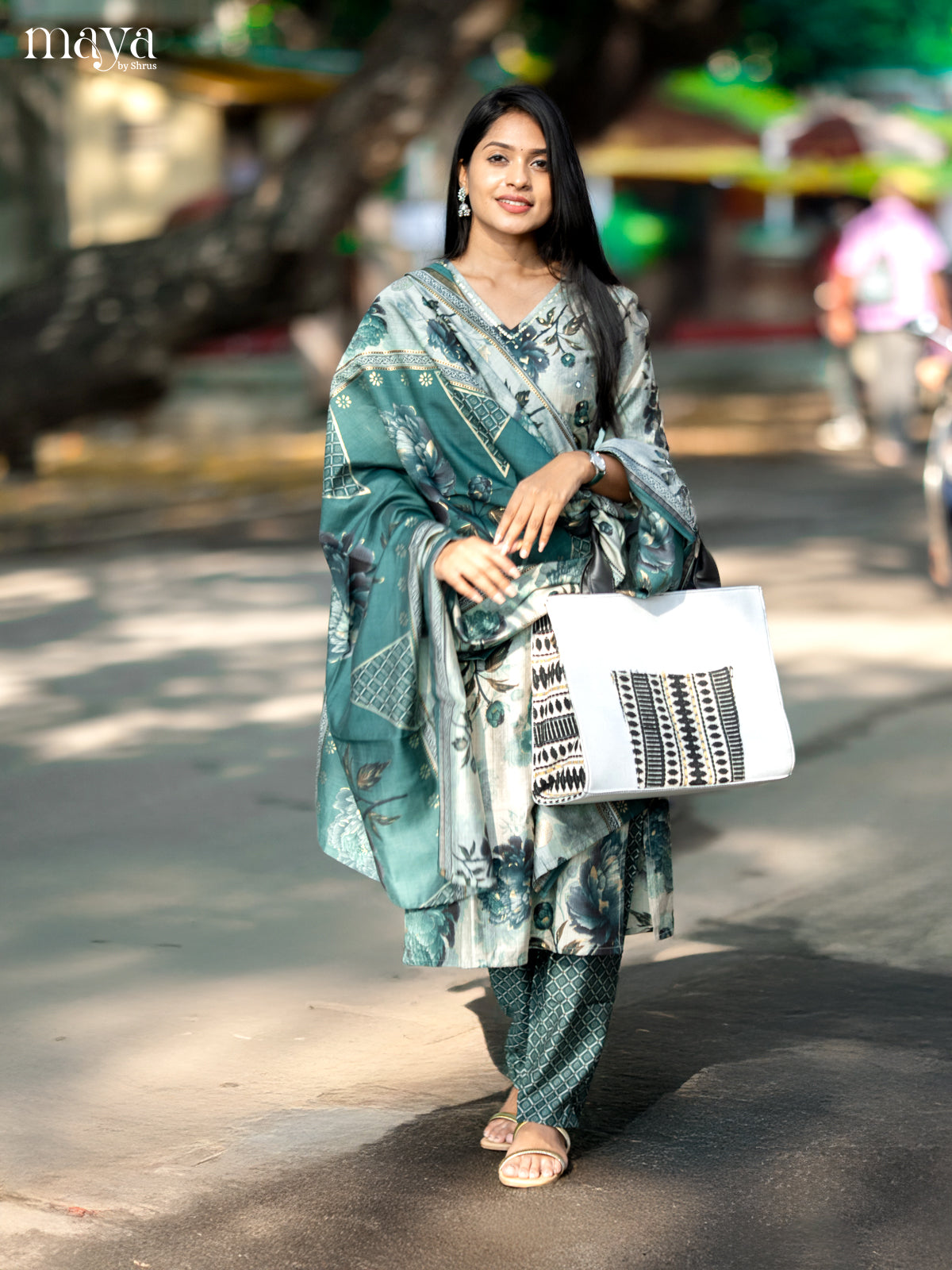 Pastel Green with Bottle Green Rayon 3pc Salwar Suit with Floral Print - Top,Bottom & Dupatta - Shop on Shrus.com