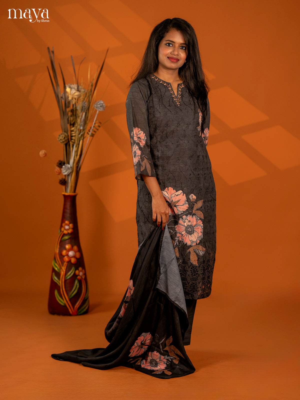 Grey Cotton 3pc Salwar Suit with Chikankari Floral Print - Top, Bottom & Dupatta - Shop on Shrus.com