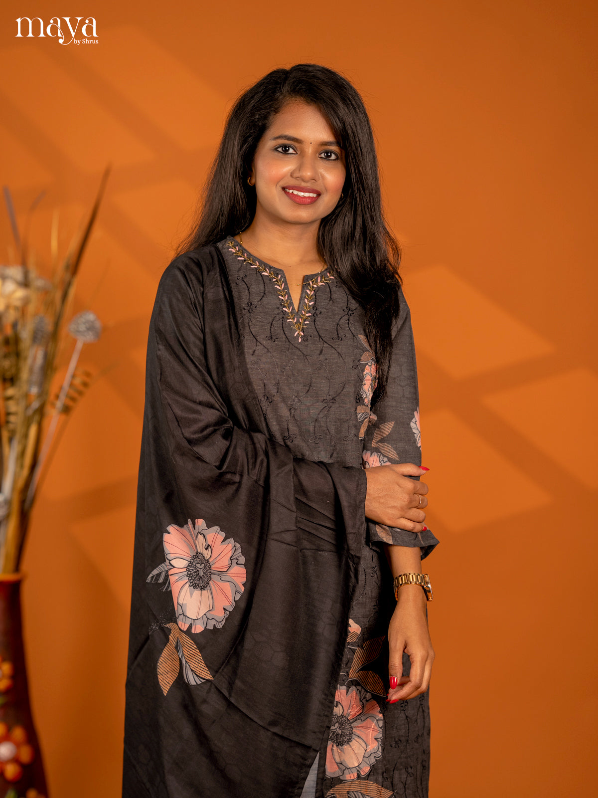 Grey Cotton 3pc Salwar Suit with Chikankari Floral Print - Top, Bottom & Dupatta - Shop on Shrus.com