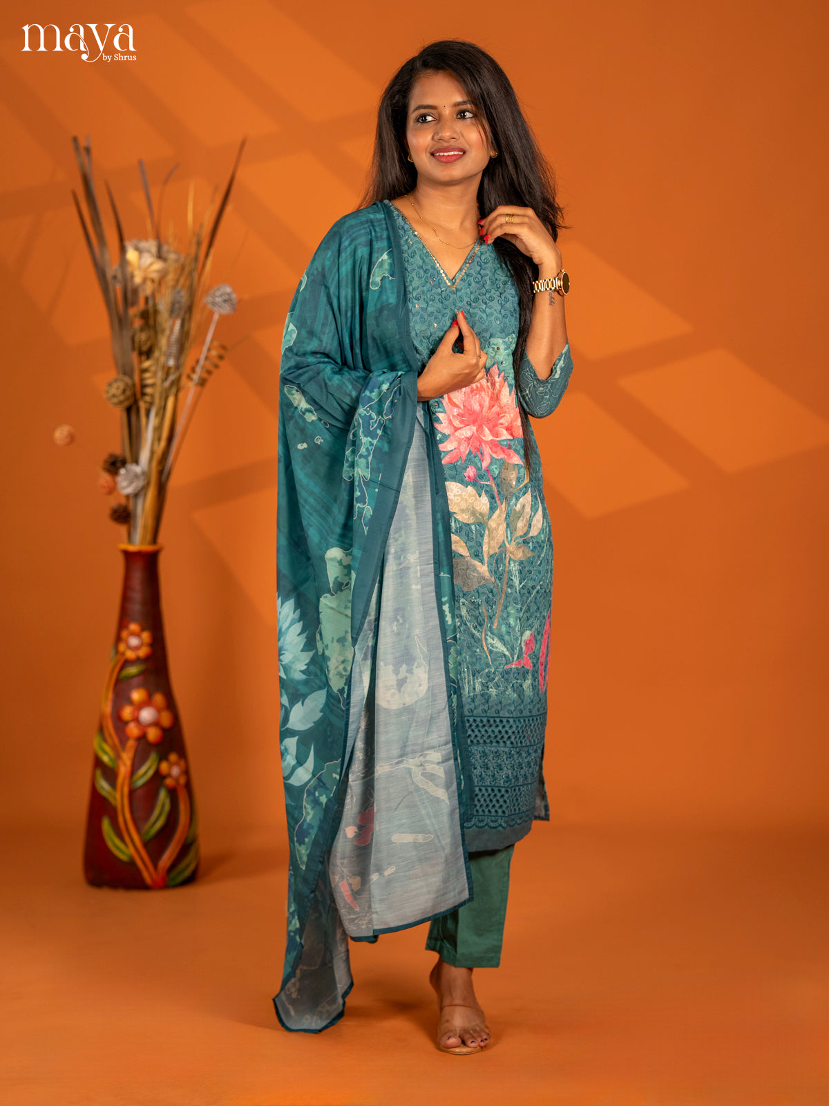 Rama Blue Cotton 3pc Salwar Suit with Chikankari Floral Print - Top, Bottom & Dupatta - Shop on Shrus.com