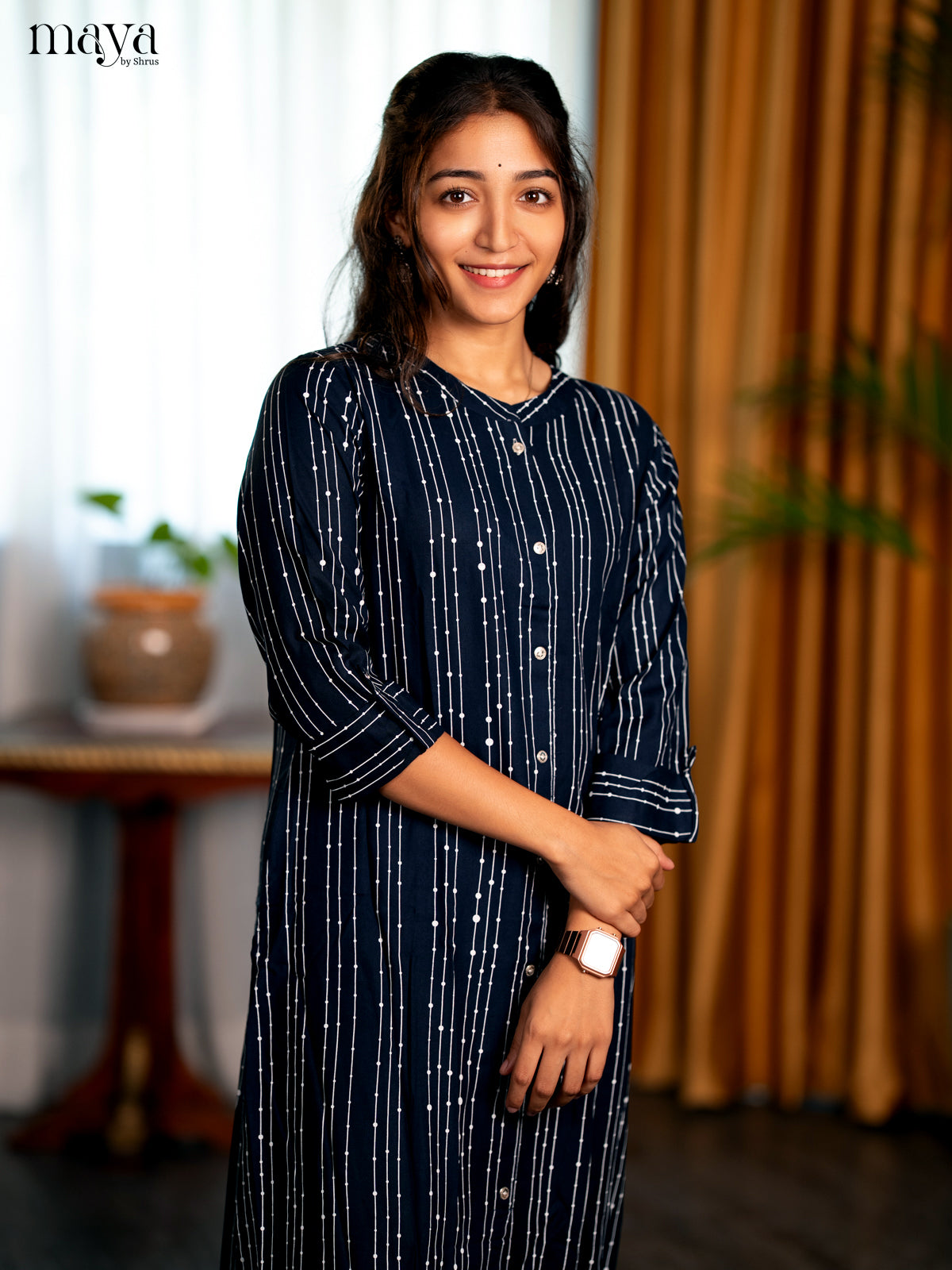 Navy Blue Stripe Printed Rayon A- Line Kurti - Shop on Shrus.com