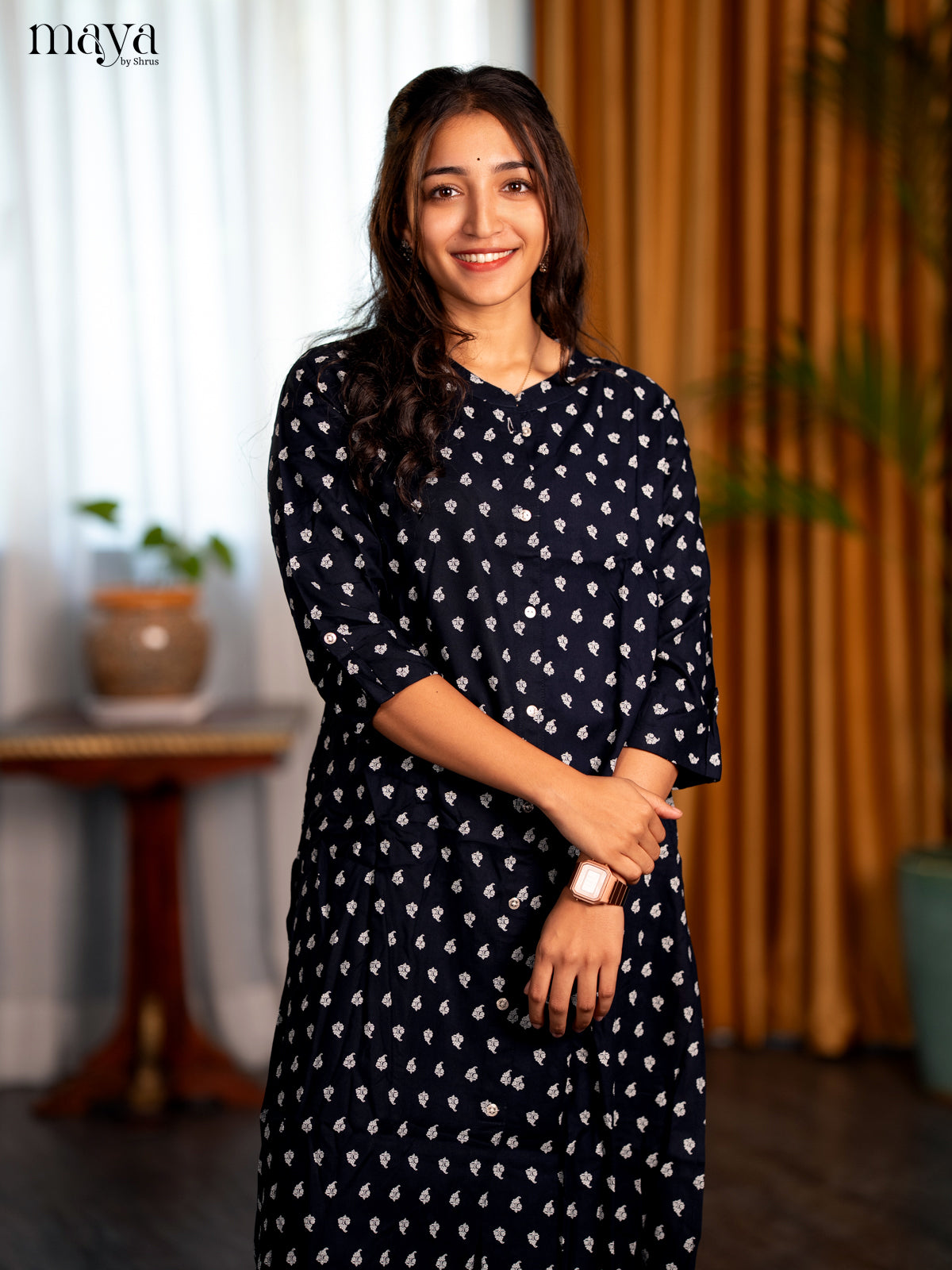 Navy Blue Floral Printed rayon Print Rayon A - Line Kurti - Shop on Shrus.com