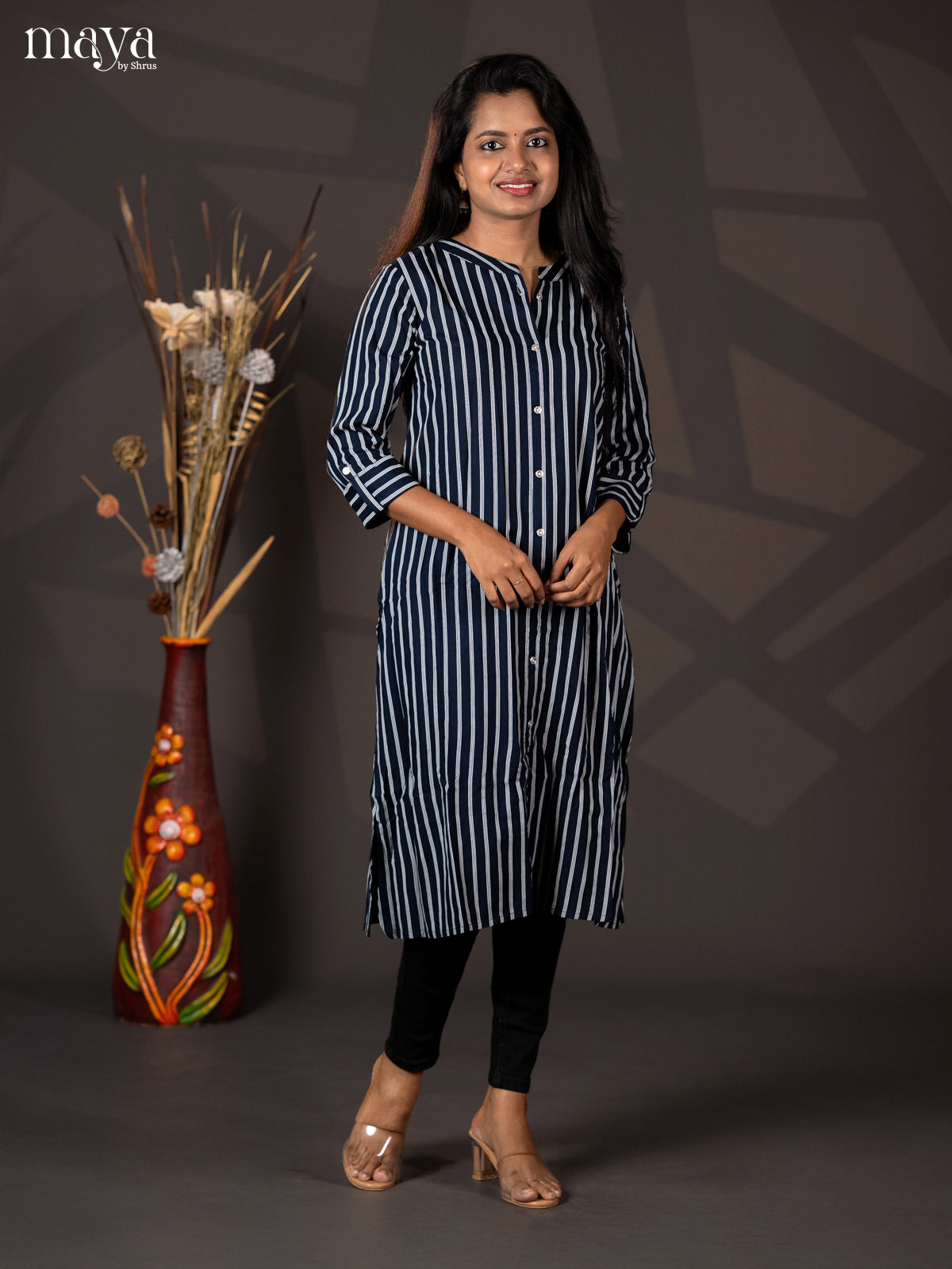 Dark Navy Blue Stripe Printed Rayon A - Line Kurti - Shop on Shrus.com