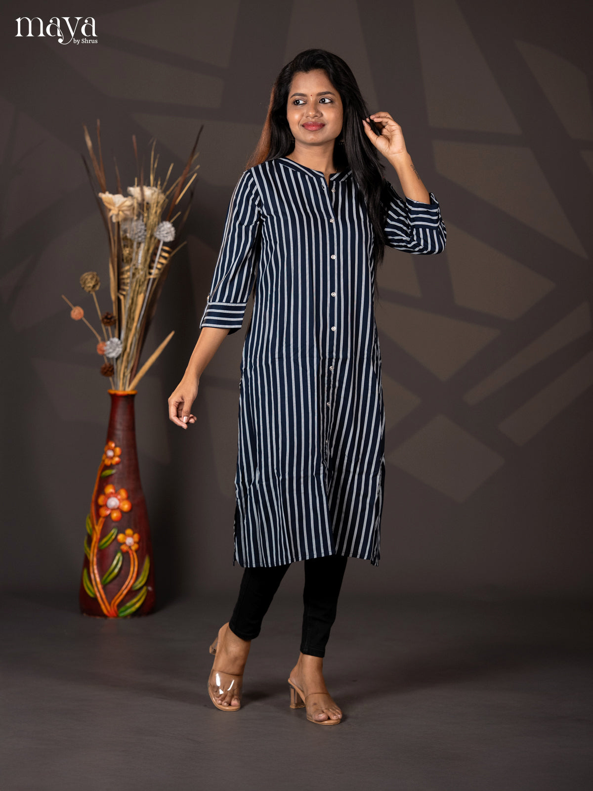 Dark Navy Blue Stripe Printed Rayon A - Line Kurti - Shop on Shrus.com