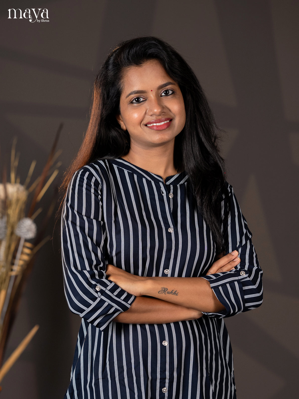 Dark Navy Blue Stripe Printed Rayon A - Line Kurti - Shop on Shrus.com