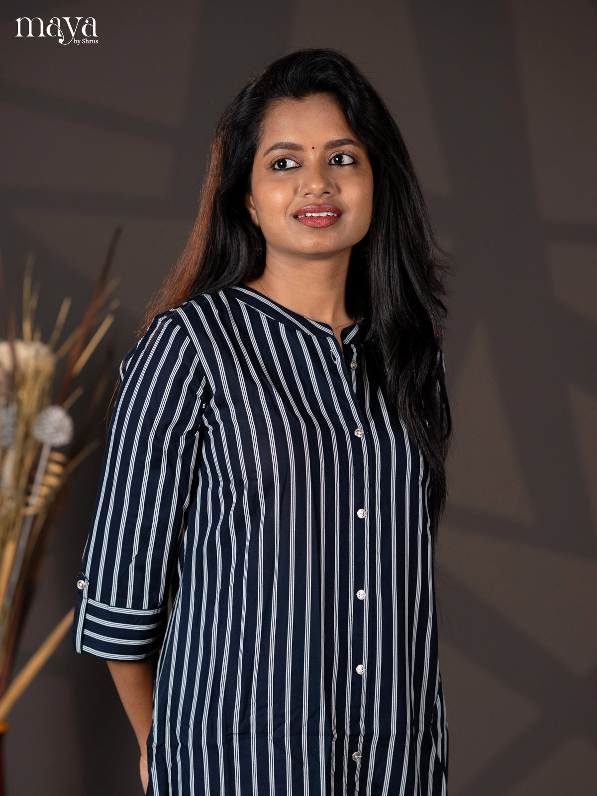 Dark Navy Blue Stripe Printed Rayon A - Line Kurti - Shop on Shrus.com