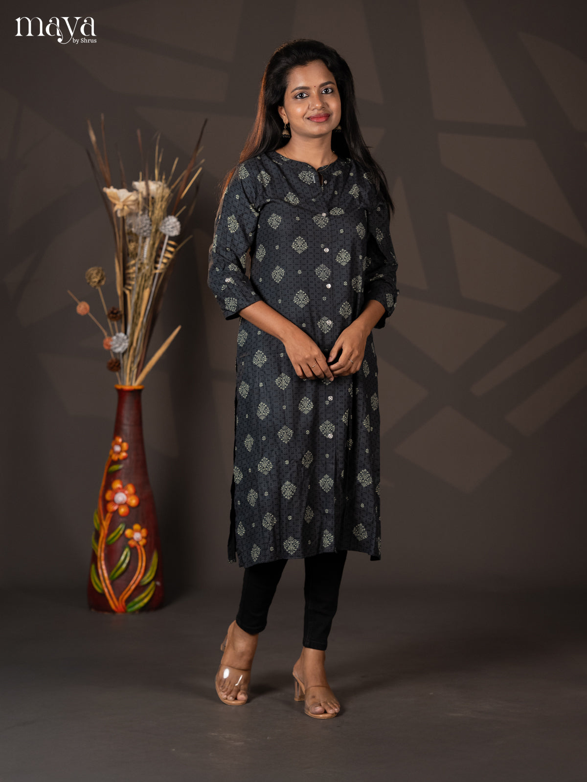 Black Floral Printed Rayon A - Line Kurti - Shop on Shrus.com
