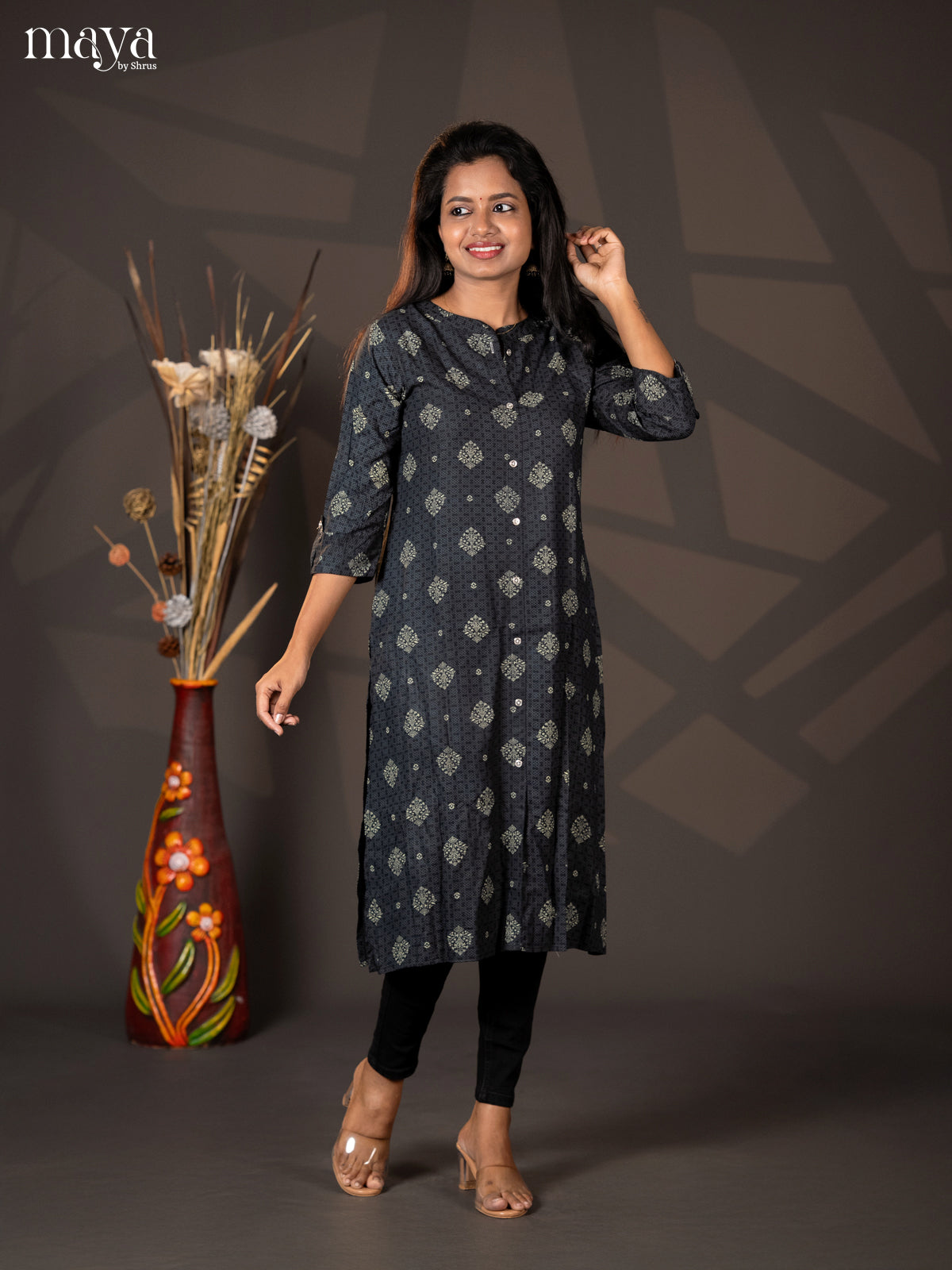 Black Floral Printed Rayon A - Line Kurti - Shop on Shrus.com