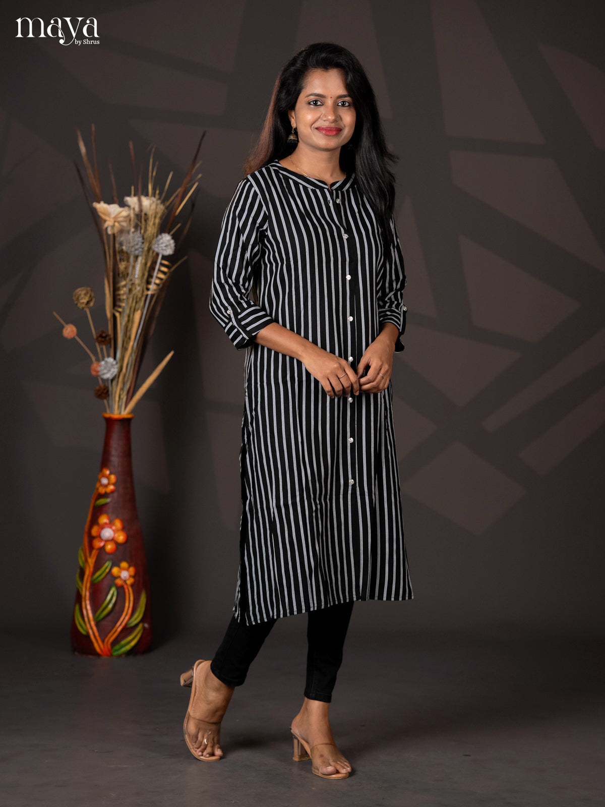 Black Stripe Rayon A- Line Kurti - Shop on Shrus.com