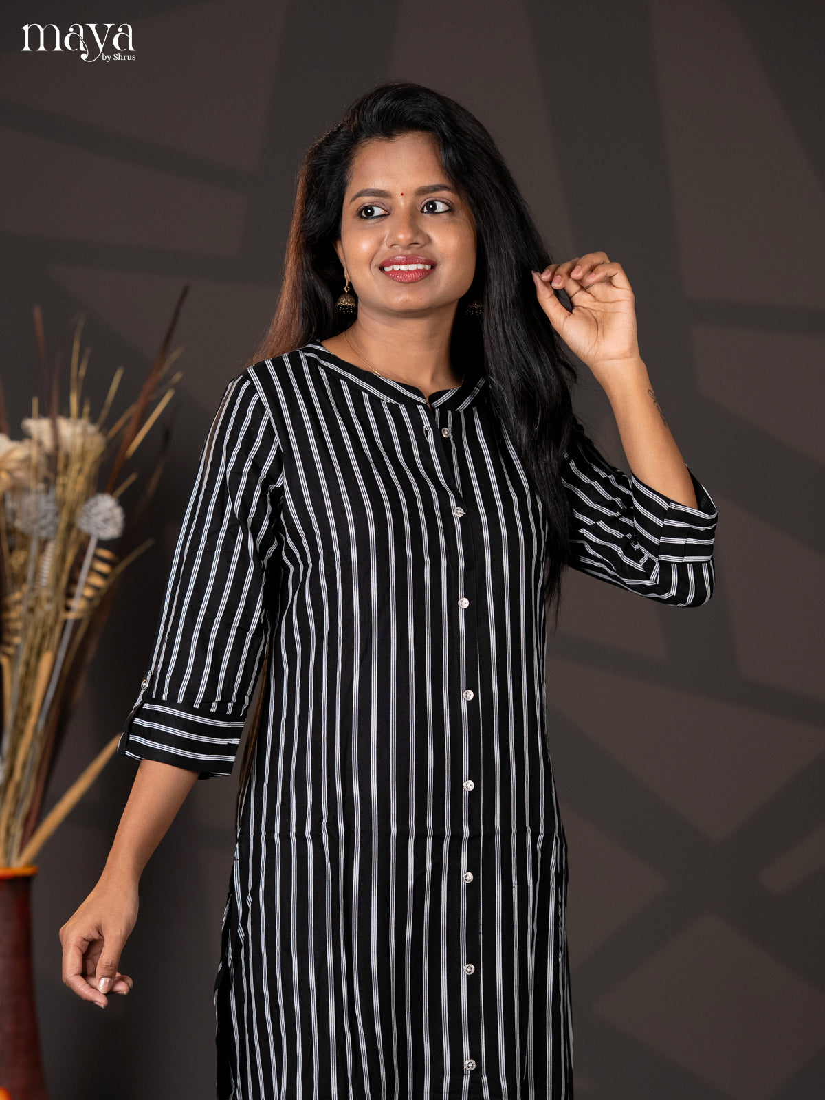 Black Stripe Rayon A- Line Kurti - Shop on Shrus.com