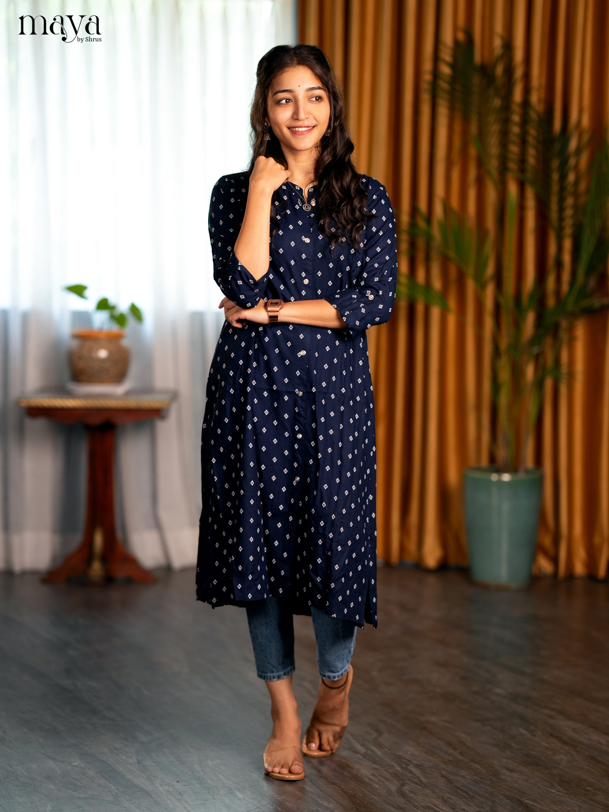 Navy Blue Motif Printed Rayon A - Line Kurti - Shop on Shrus.com