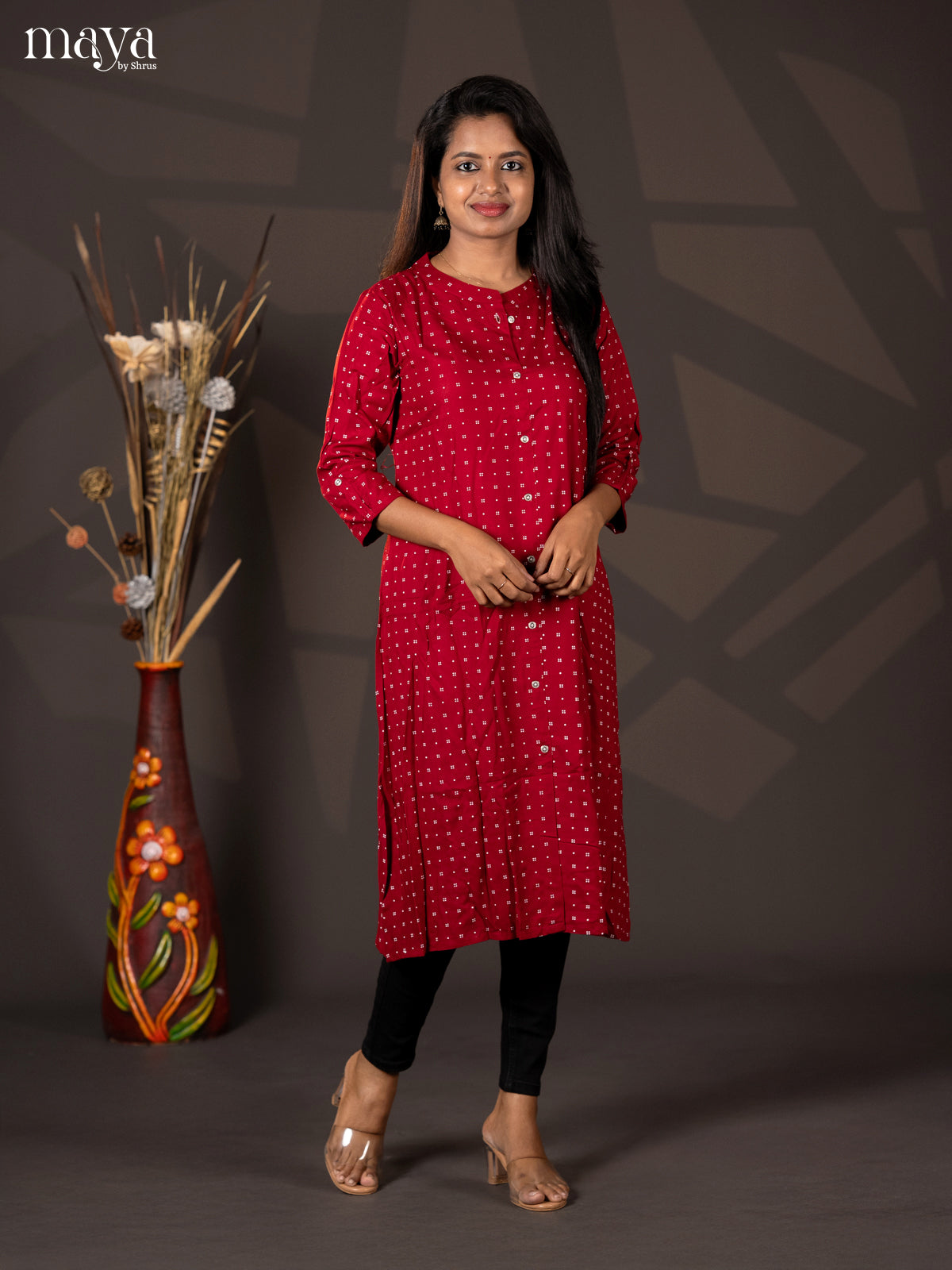 Dark red Printed Rayon A- Line Kurti - Shop on Shrus.com