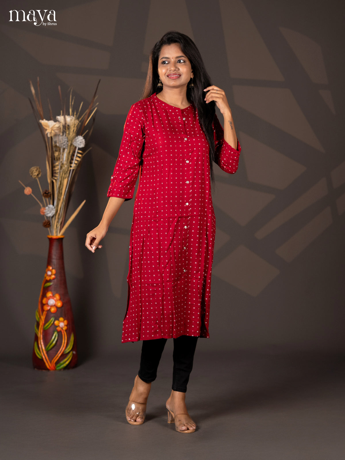 Dark red Printed Rayon A- Line Kurti - Shop on Shrus.com