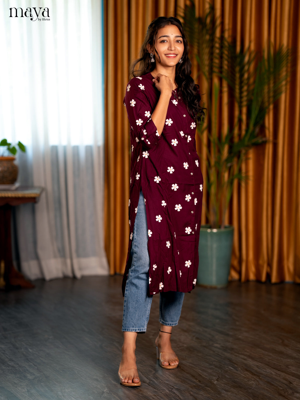 Wine Floral Printed Rayon A - Line Kurti - Shop on Shrus.com