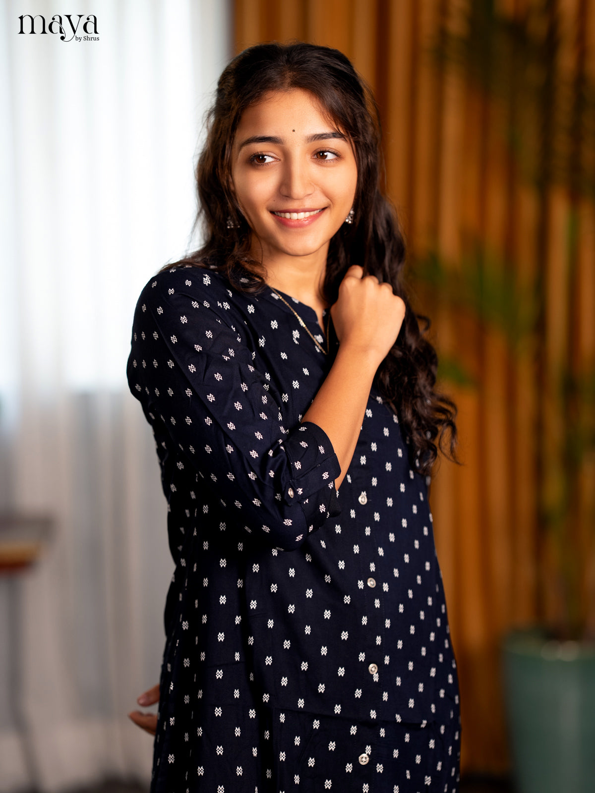 Dark Navy Blue Floral Printed Rayon A- Line Kurti - Shop on Shrus.com