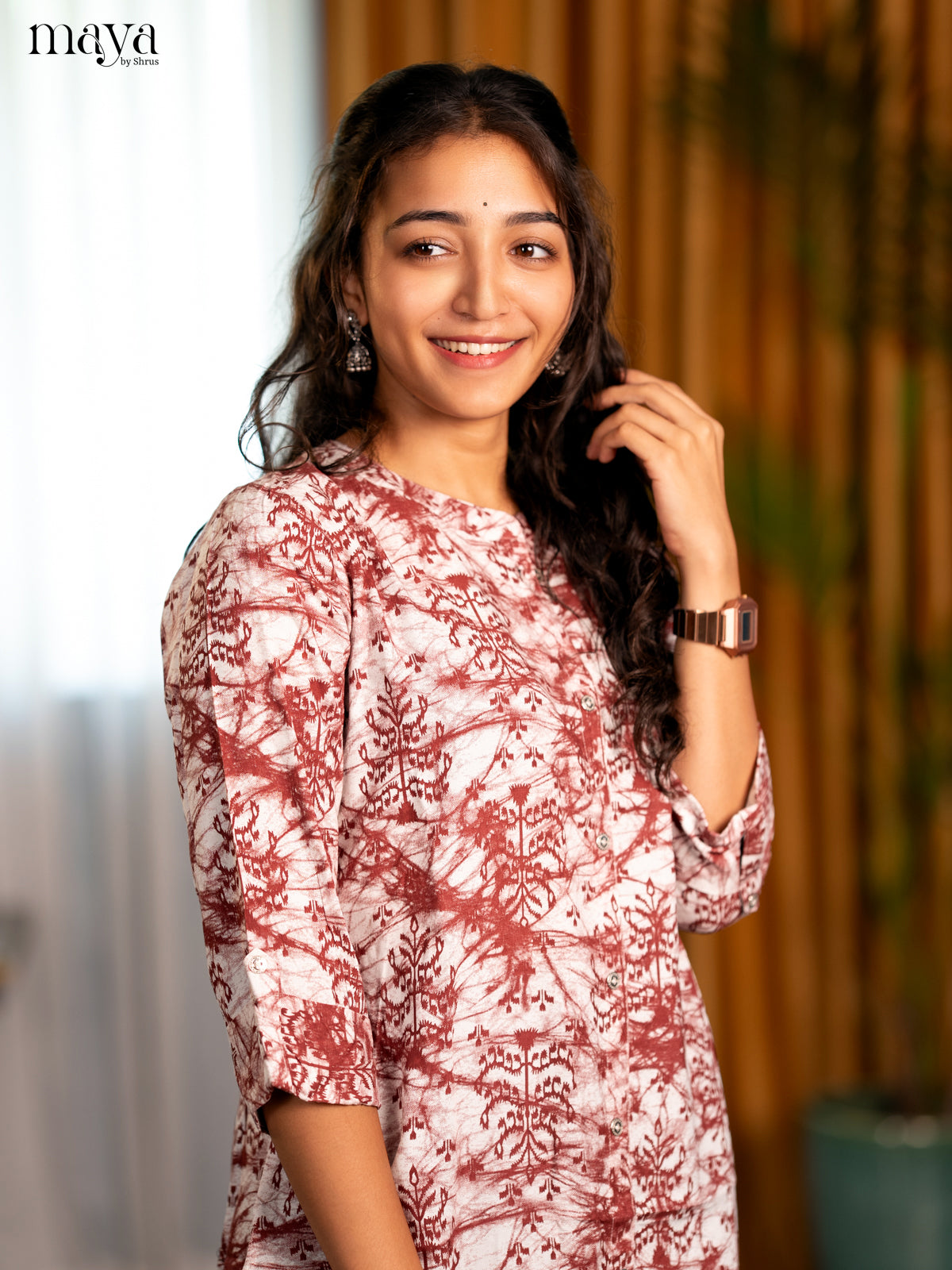 White with Brown Printed Rayon A- Line Kurti - Shop on Shrus.com