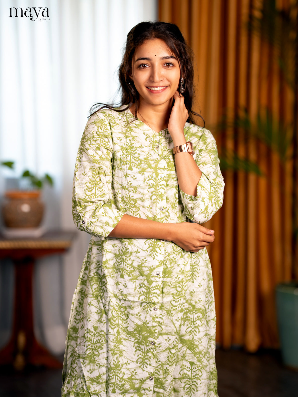 White with Green Printed Rayon A- Line Kurti - Shop on Shrus.com