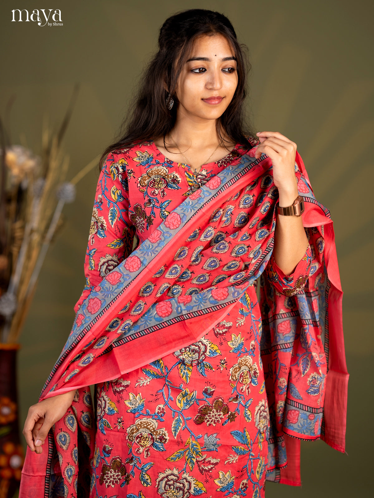 Peach Pik Cotton 3pc Salwar Suit with Floral Print - Top, Bottom & Dupatta - Shop on Shrus.com