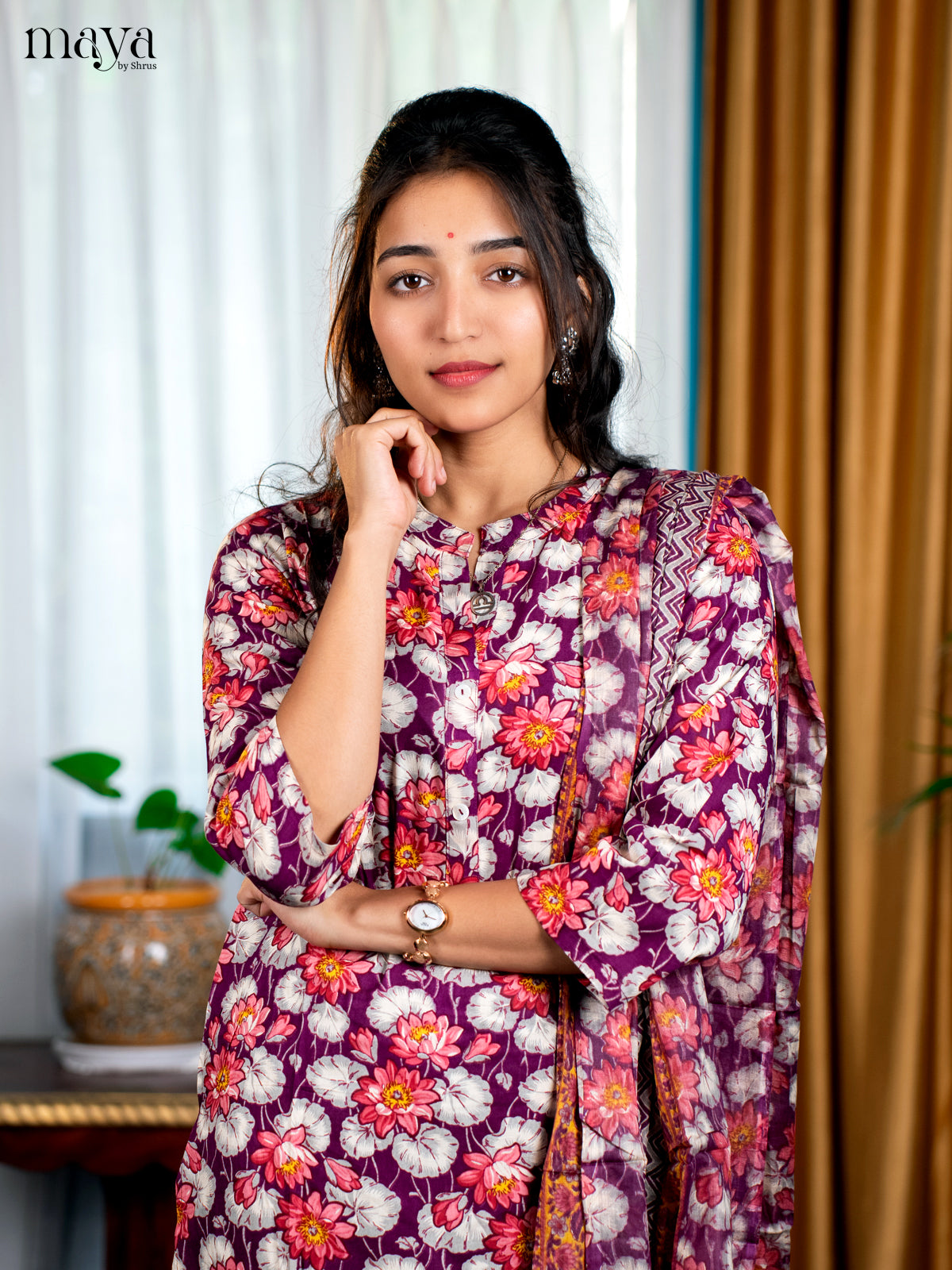 Plurple Rayon 3pc Salwar Suit with Floral Print - Top, Bottom & Dupatta - Shop on Shrus.com