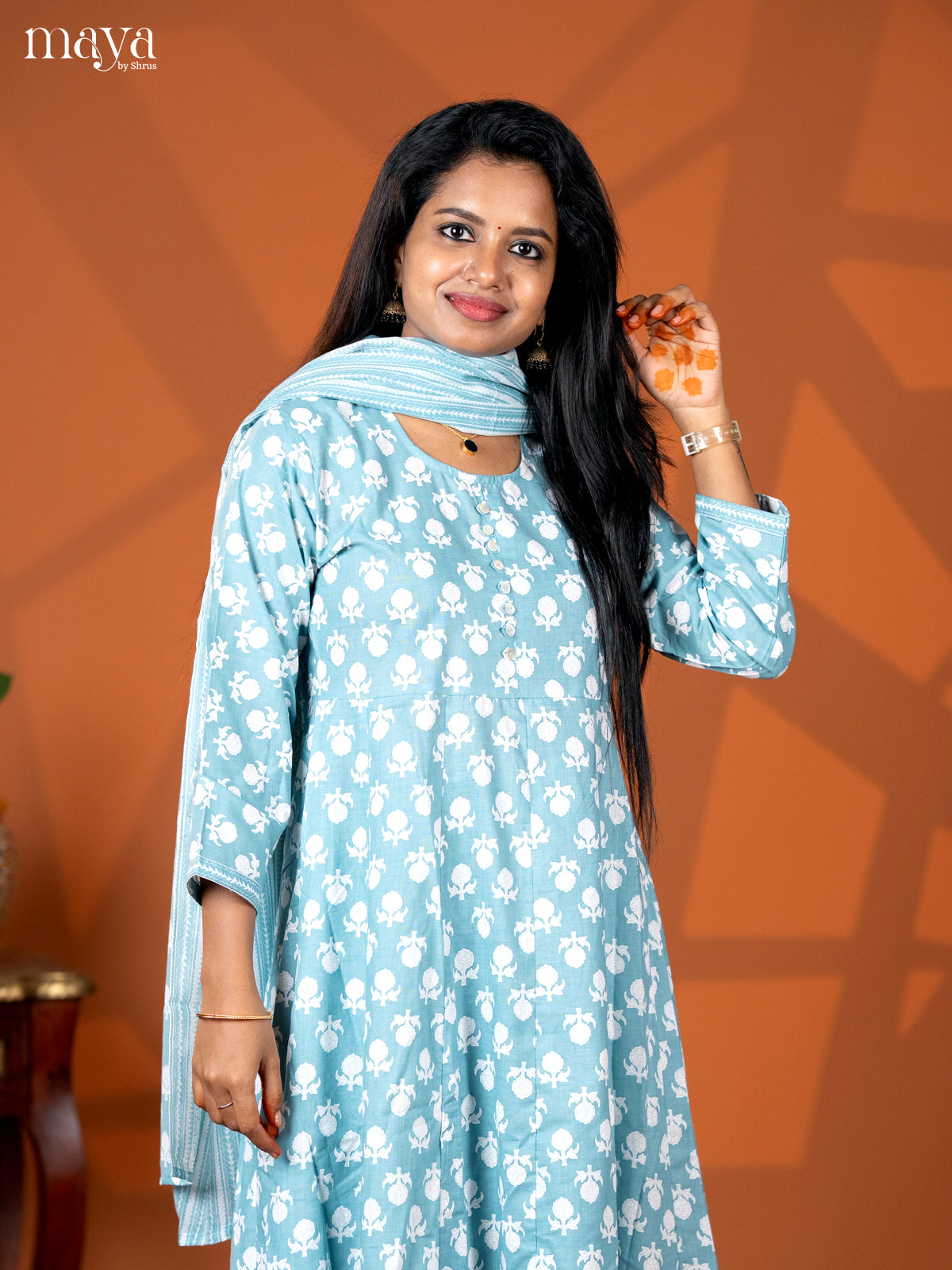 Pastel Blue Cotton 3pc Salwar Suit with Floral Print - Top, Bottom & Dupatta - Shop on Shrus.com