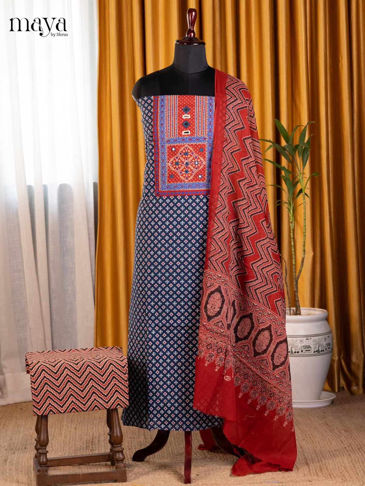 Blue & Red - Ajrakh Salwar Unstitch - Shop on Shrus.com