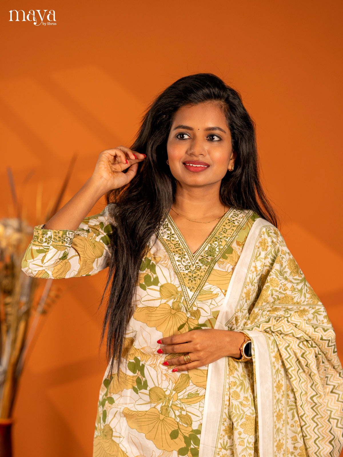 Light Green Cotton 3pc Salwar Suit with Floral Print - Top, Bottom & Dupatta - Shop on Shrus.com