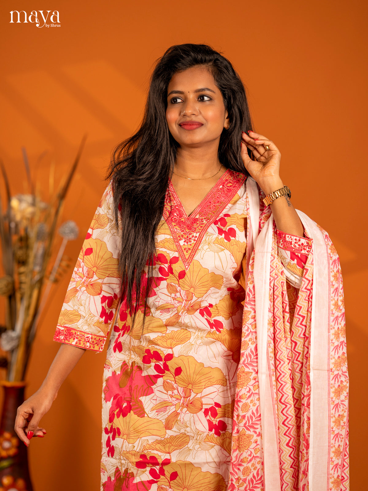 Light pink Cotton 3pc Salwar Suit with Floral Print - Top, Bottom & Dupatta - Shop on Shrus.com