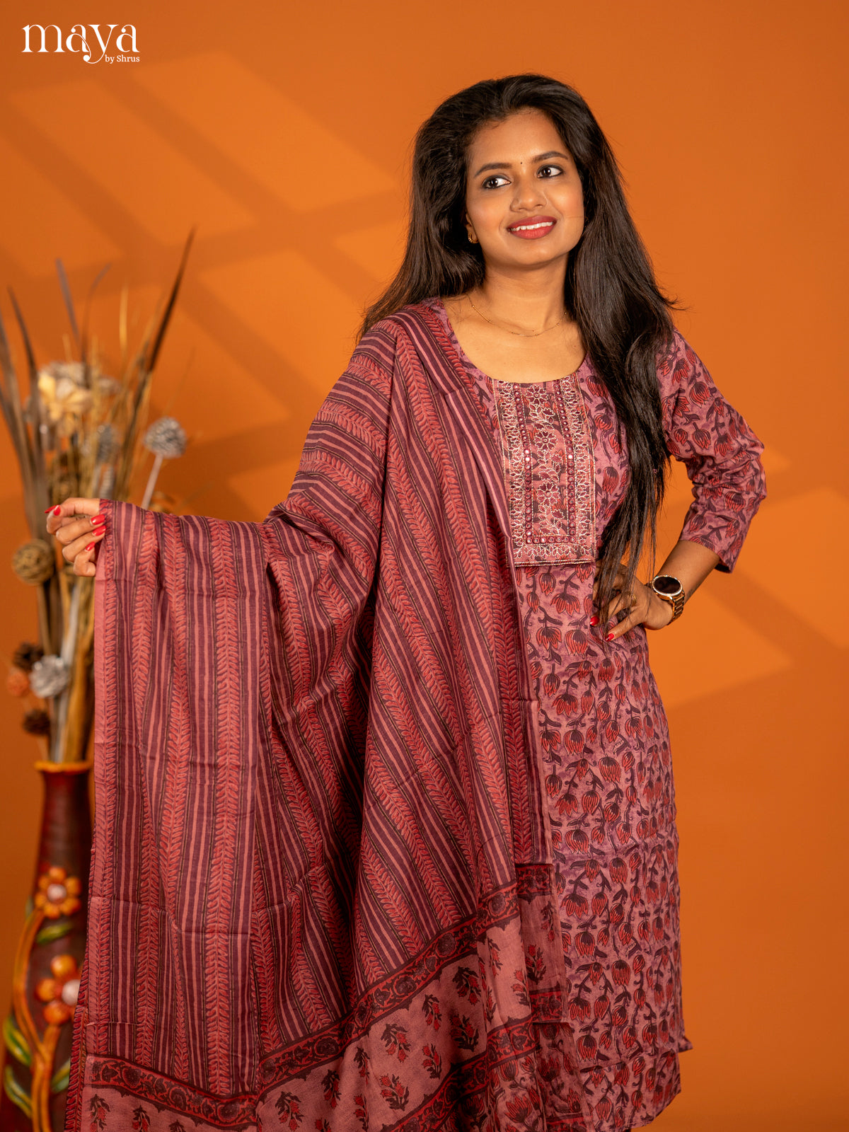 Light Purple Cotton 3pc Salwar Suit with Floral Print - Top, Bottom & Dupatta - Shop on Shrus.com