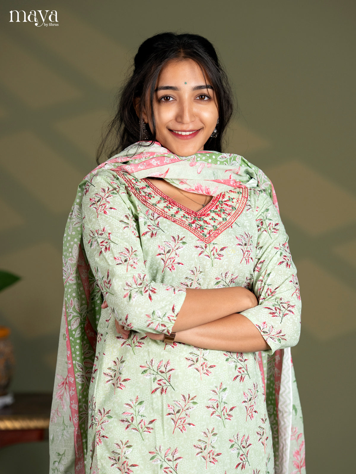 Pista Green Cotton 3pc Salwar Suit with Floral Print - Top, Bottom & Dupatta - Shop on Shrus.com