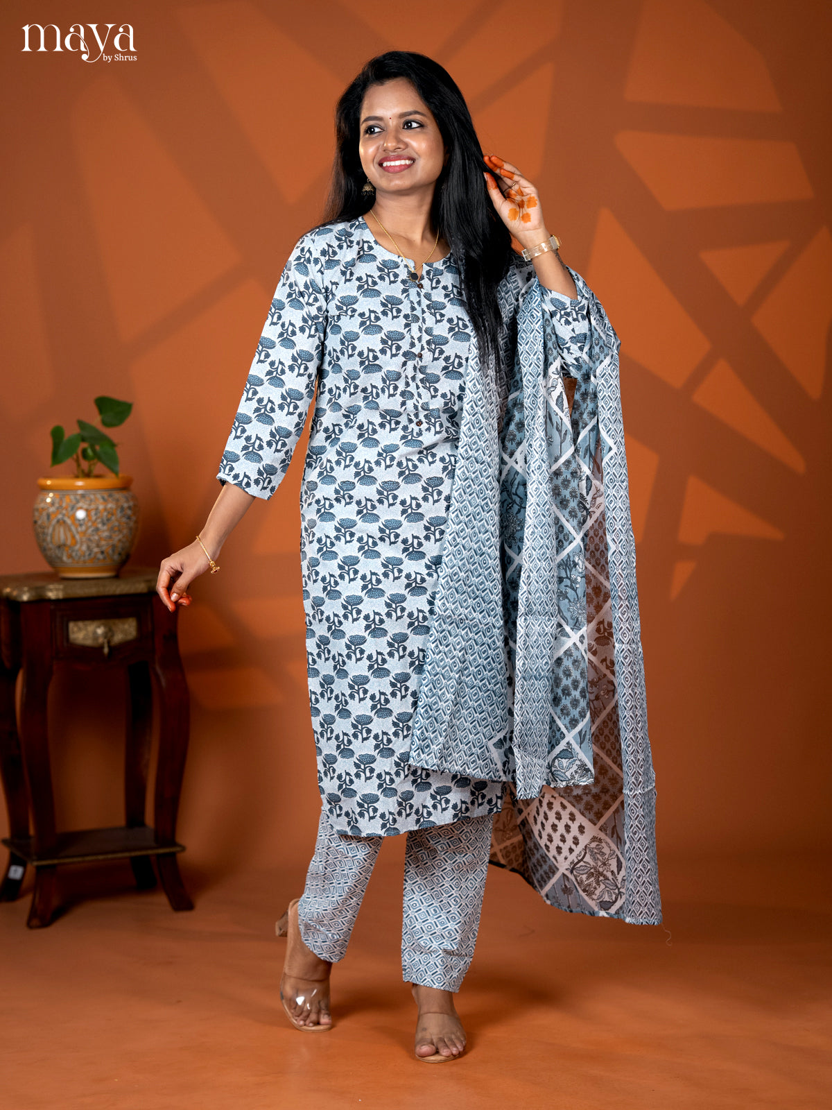 Peacock Blue Cotton 3pc Salwar Suit with Floral Print - Top, Bottom & Dupatta - Shop on Shrus.com
