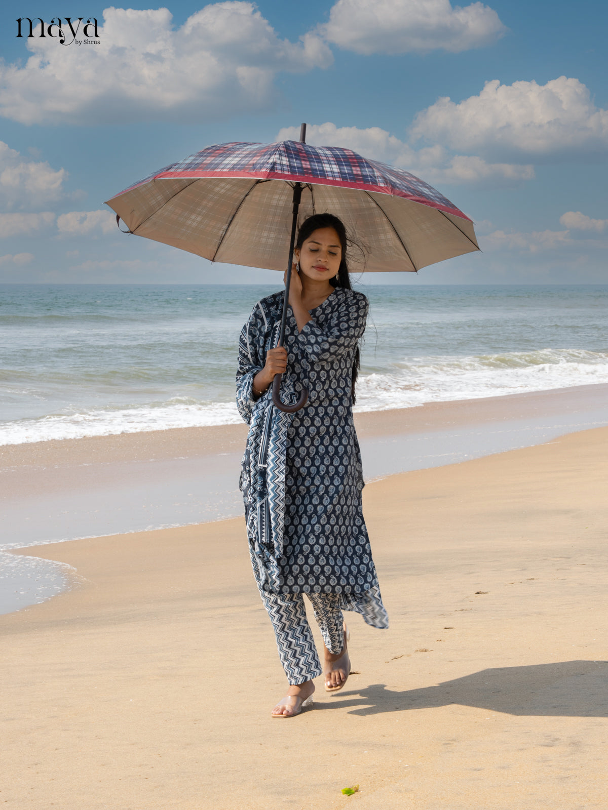 Dark Greyish Blue Cotton 3pc Salwar suit with Pasiley Print - Top, Bottom & Dupatta - Shop on Shrus.com