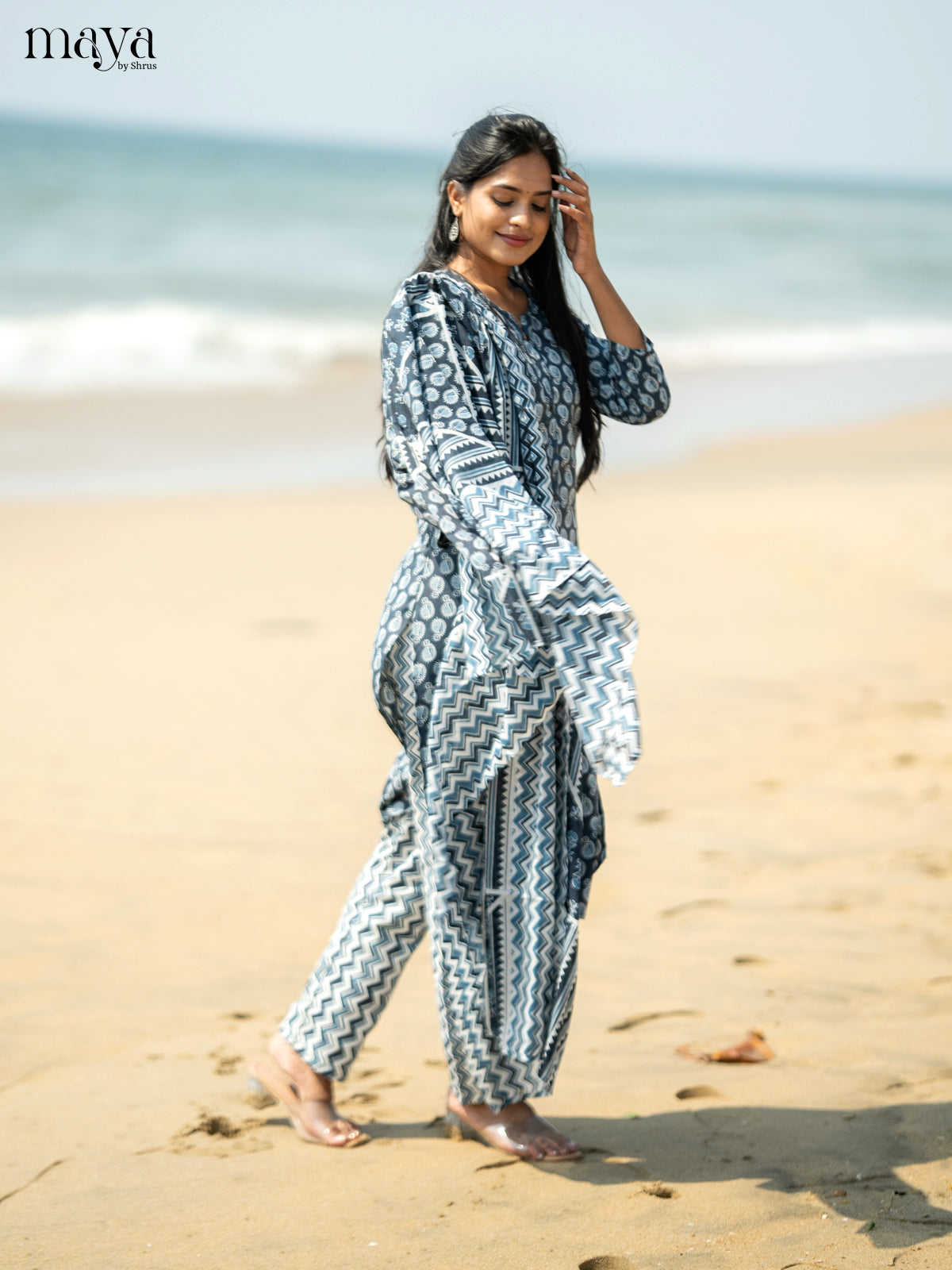 Dark Greyish Blue Cotton 3pc Salwar suit with Pasiley Print - Top, Bottom & Dupatta - Shop on Shrus.com