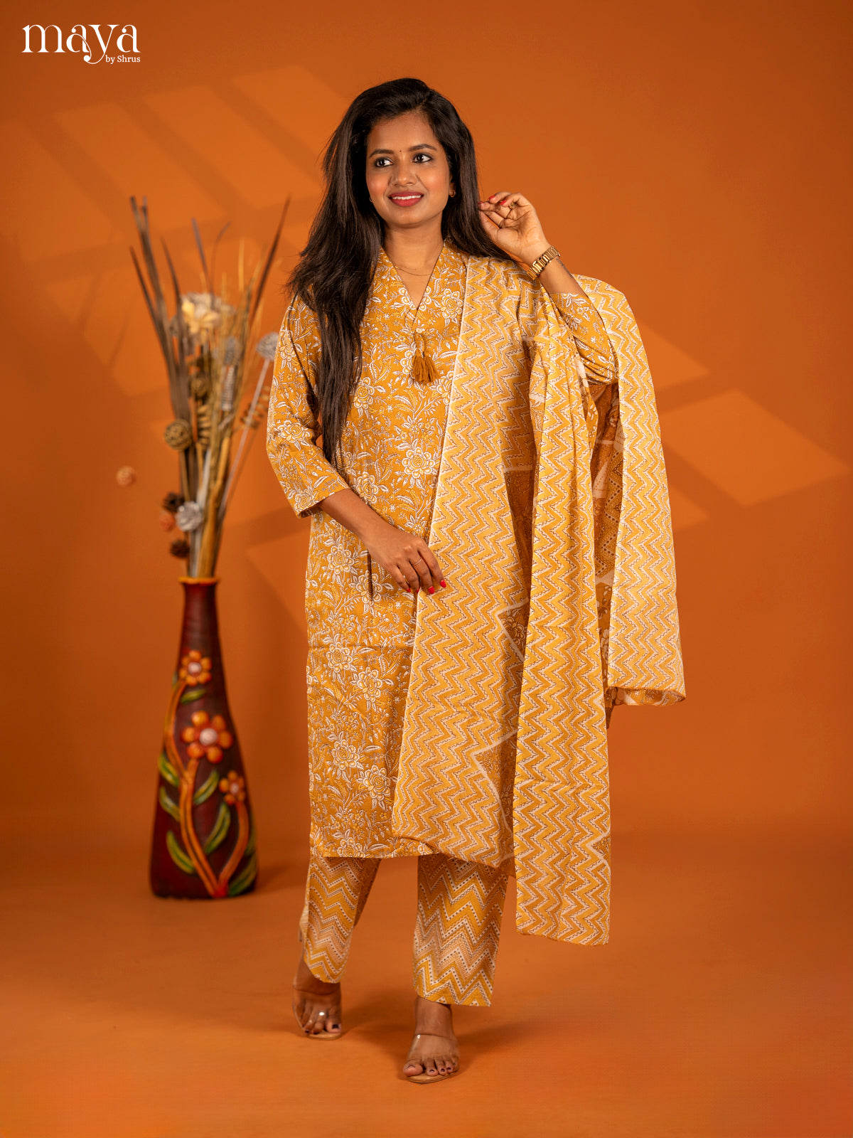 Mustrad Cotton 3pc Salwar Suit with Floral Print - Top, Botton & Dupatta - Shop on Shrus.com