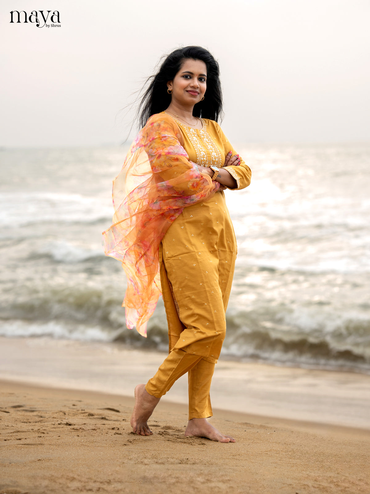 Mustrad Slub Cotton 3pc Salwar Suit with Sequins Floral work - Top, Bottom & Dupatta - Shop on Shrus.com