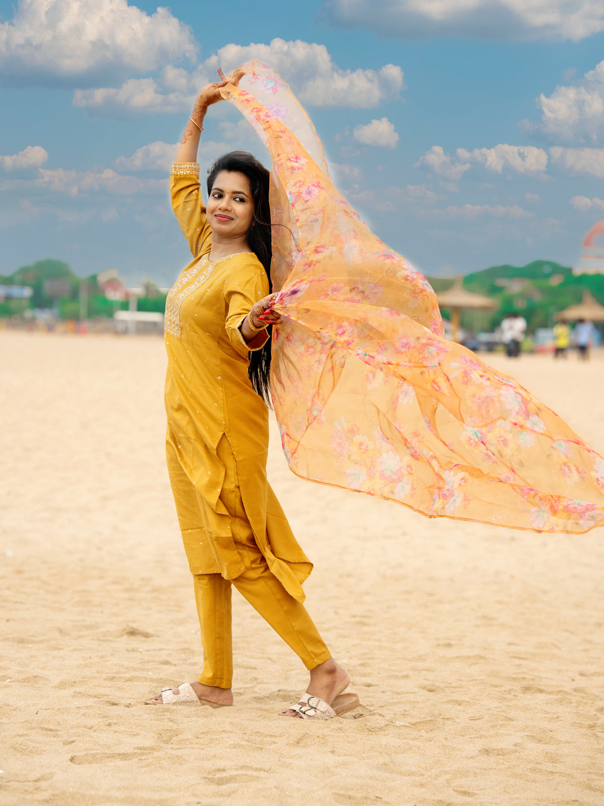 Mustrad Slub Cotton 3pc Salwar Suit with Sequins Floral work - Top, Bottom & Dupatta - Shop on Shrus.com