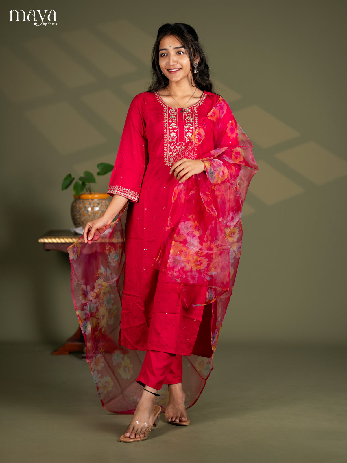 Pink Slub Cotton 3pc Salwar Suit Sequins with Floral work - Top, Bottom & Dupatta - Shop on Shrus.com