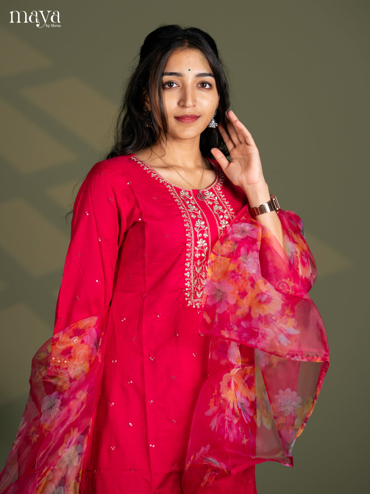 Pink Slub Cotton 3pc Salwar Suit Sequins with Floral work - Top, Bottom & Dupatta - Shop on Shrus.com