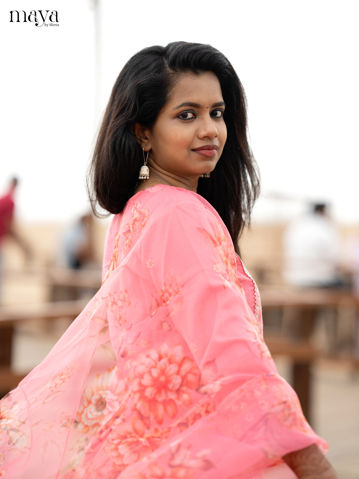 Peach pink Slub Cotton 3pc Salwar Suit with Sequins Floral work - Top, Bottom & Dupatta - Shop on Shrus.com