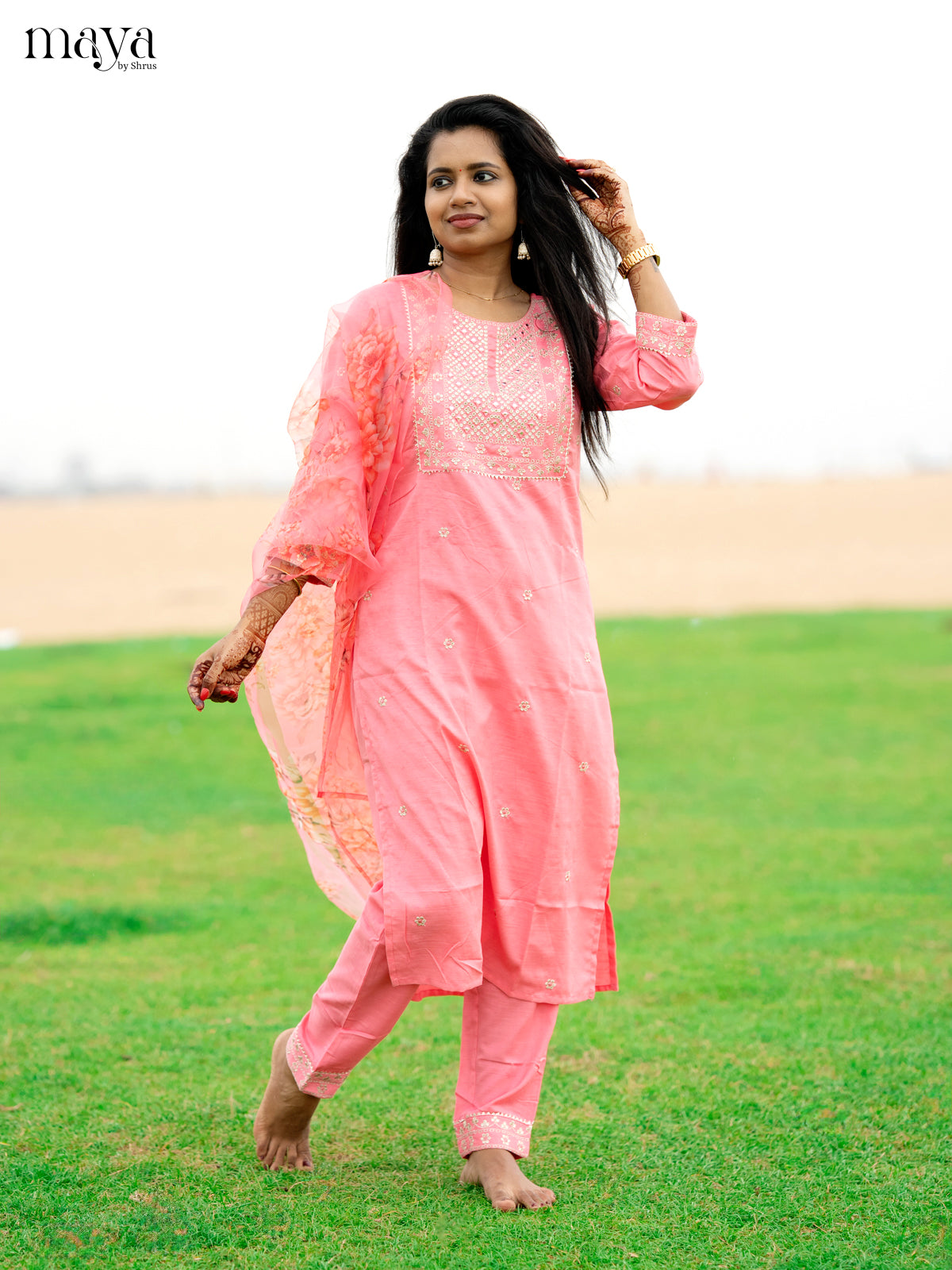 Peach pink Slub Cotton 3pc Salwar Suit with Sequins Floral work - Top, Bottom & Dupatta - Shop on Shrus.com