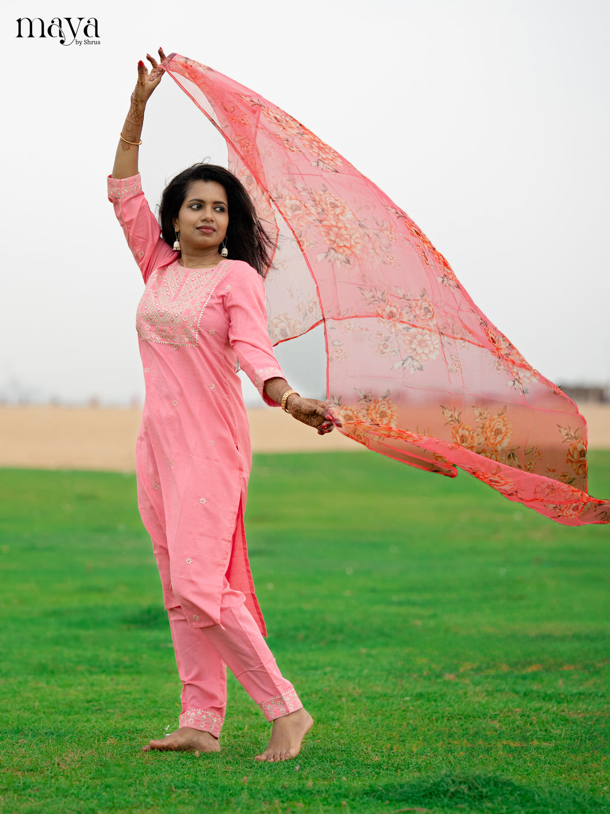 Peach pink Slub Cotton 3pc Salwar Suit with Sequins Floral work - Top, Bottom & Dupatta - Shop on Shrus.com