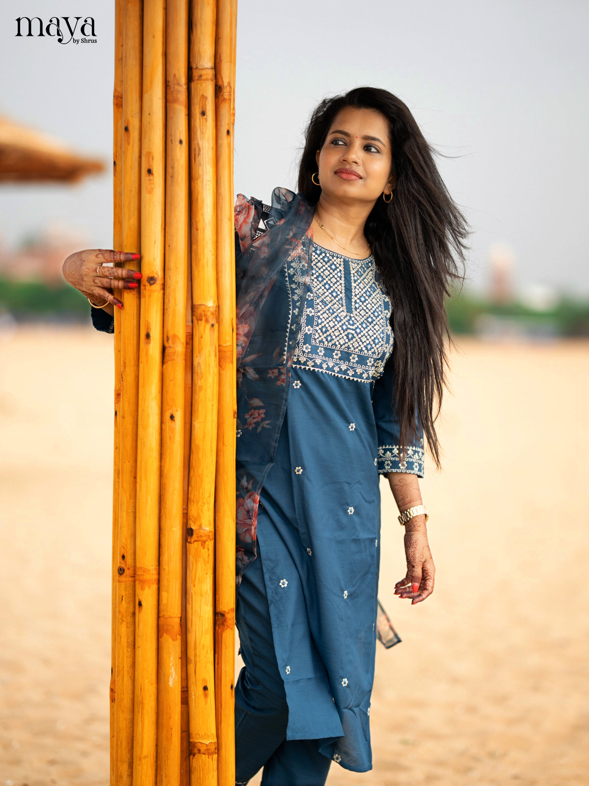 Peacock Blue Slub Cotton 3pc Salwar Suit with sequins Floral work - Top, Bottom & Dupatta - Shop on Shrus.com