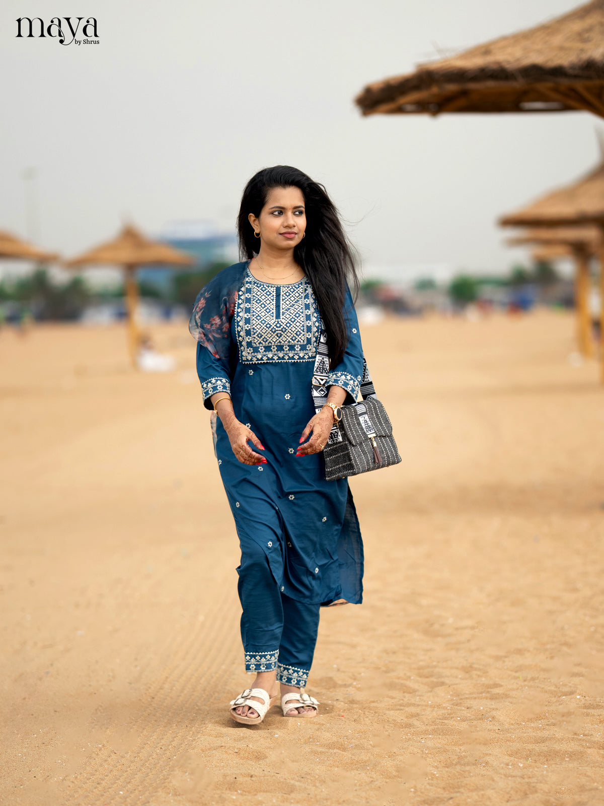 Peacock Blue Slub Cotton 3pc Salwar Suit with sequins Floral work - Top, Bottom & Dupatta - Shop on Shrus.com